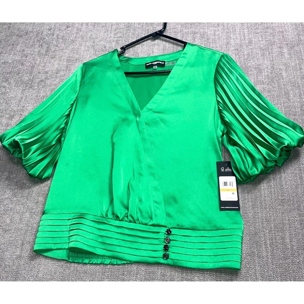 Karl Lagerfeld Paris Blouse Small Kelly Green Surplice Pleated Sleeve L4AA9532